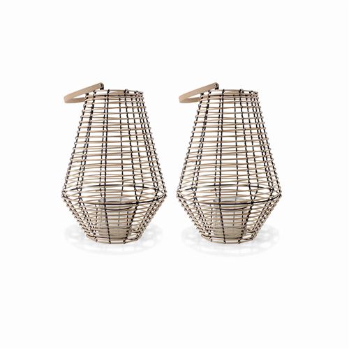 Lot de 2 lanternes en rotin bougeoir structure métallique intérieur et extérieur poignée L31 x l31 x H41 cm