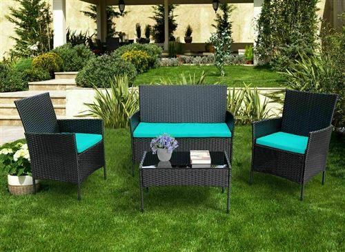4 pcs Salon de Jardin Ensemble de Canapé FLYCCC en Rotin Synthétique Canapé Noir