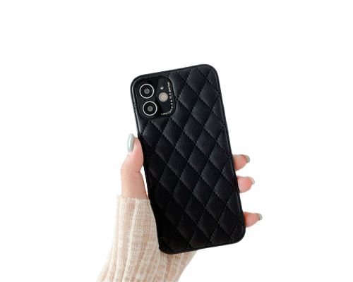 Coque en cuir souple à carreaux losanges de luxe FONGWAN pour iPhone 13 Pro Max-noir
