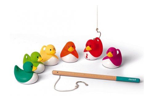 Jeu de peche a la ligne ducky (6 canards plastique aspergeurs + 2 cannes bois + filet) - jouet bain  plein air - anniversaire  kermesse - enfant 2 a 5 ans