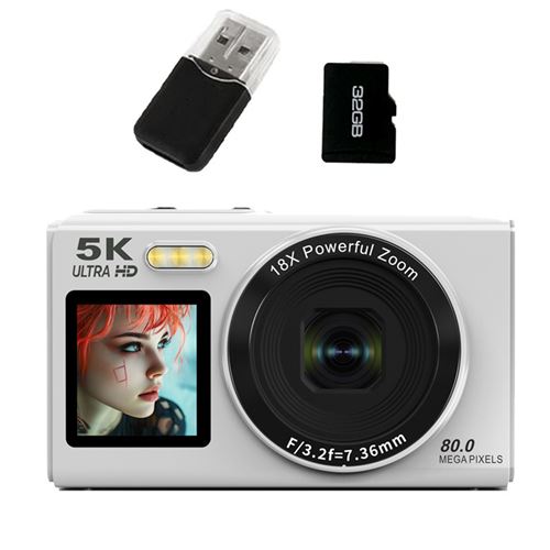 Appareil Photo Num&eacute;rique Compact 5K - Zoom 18X + 80MP + &Eacute;cran IPS 2,8"" + Carte 32GB - Blanc