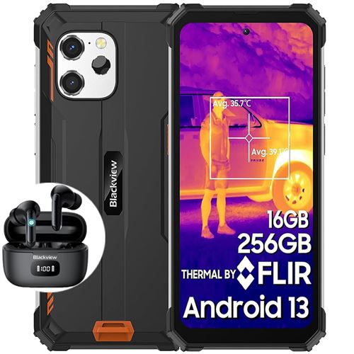 Smartphone Incassable Blackview BV8900 Android 13 6,5 2,4K 16Go+256Go 64MP 10380mAh NFC Orange avec Écouteurs Bluetooth Airbuds 8
