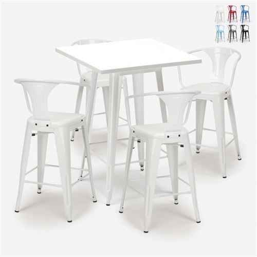 Ensemble Table 60x60cm Blanc Métal 4 Tabourets Tolix Bar Cuisine Bucket White, Couleur: Blanc