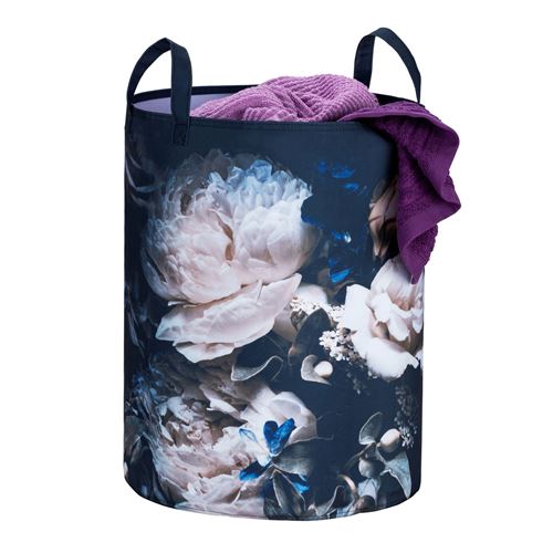 Panier à linge design fleuri Peony - Diam. 35 x H. 45 cm - Noir