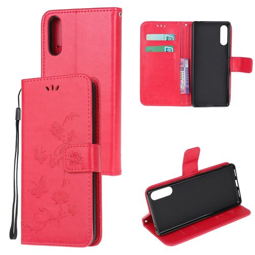 Etui en PU empreinte papillon fleur flip avec support rouge pour votre Sony Xperia L4