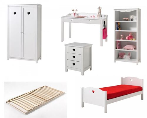 Lit 90x200 - Chevet 3 tiroirs - Armoire 2 portes - Bureau et Bibliothèque Amori - Blanc