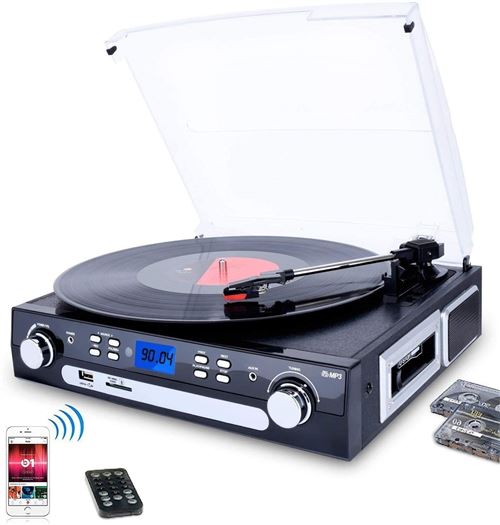 Platine Vinyle DIGITNOW! Bluetooth 33/45/78 tr/min avec haut-parleurs intégrés, encodage du vinyle au MP3, encodage SD/USB, radio, cassette, entrée auxiliaire