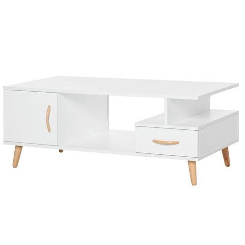 Table basse rectangulaire design scandinave 100L x 50l x 40H cm niche + tiroir & placard bois massif pin panneaux particules blanc