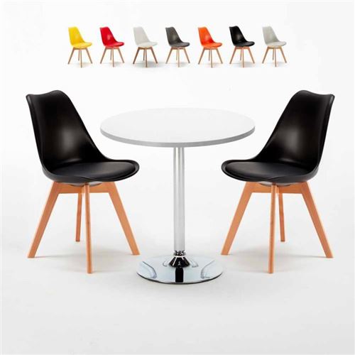 Table Ronde Blanche 70x70cm Avec 2 Chaises Colorées Set Intérieur Bar Café NORDICA LONG Island, Couleur: Noir