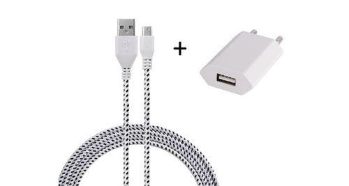 Pack Chargeur pour HUAWEI Ascend P8 Lite Smartphone Micro-USB (Cable Tresse 3m Chargeur + Prise Secteur USB) Murale Android Univ (BLANC)