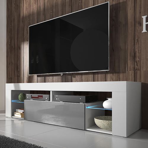 HUGO meuble TV – blanc mat / gris brillant avec LED