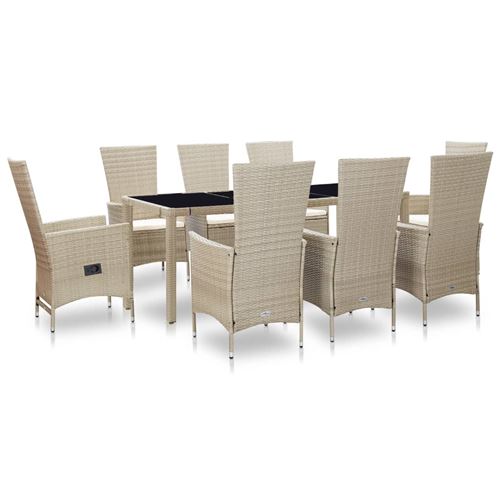 Vidaxl Beige Salon De Jardin - 1 Table + 8 Chaises - Résine Tressée Avec Coussins Blancs