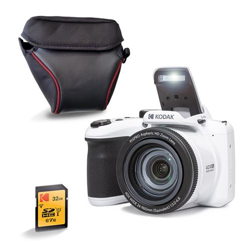 KODAK  Pixpro AZ405 Bridge 20MP, Zoom X40, Grand Angle 24mm, Full HD 1080p, OIS, LCD 3 , Housse + Carte SDHC 32GB U1, Pile AA - Blanc - Neuf