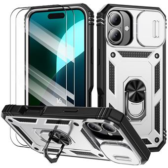 Coque + 2 Verres Trempés pour iPhone 16 - Antichoc Support Anneau Arrière Rigide Bordure Renforcée - Argenté - BOOLING - 1