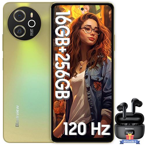 Blackview Shark 8 Téléphone Portable Débloqué 16Go+256Go 6.78 64MP 5000mAh NFC Or avec Écouteurs Bluetooth Airbuds 8(Noir)