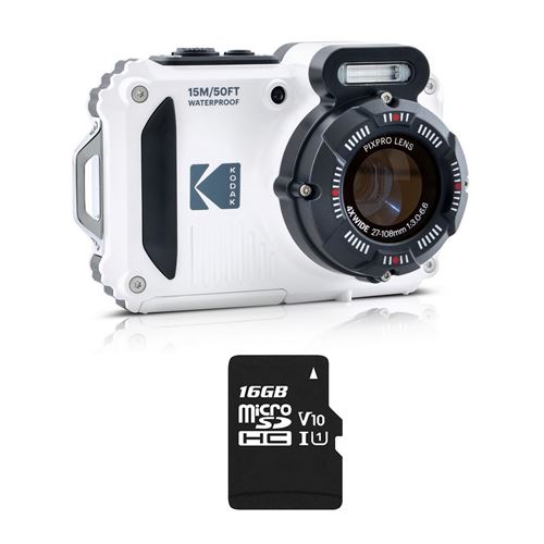 Pack Kodak PIXPRO WPZ2 Appareil Photo Num&eacute;rique Sous-Marin 15m 16MP WiFi Blanc + 1 Carte SD 16Go