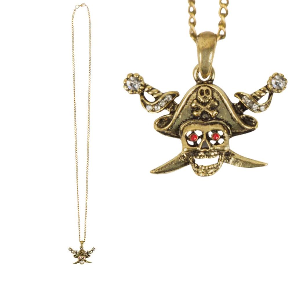 Collier Pirate Doré Boland 64339 – Pendentif Tête De Mort Avec Chapeau Et épées – Longueur 40 Cm – Accessoire Déguisement Pirate, Halloween, Carnaval