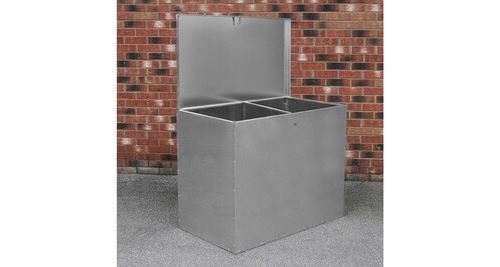 Meilleurs prix pour Grand contener de nourriture pour animaux 64l en métal galvanisé étanche 2 compartiments pour animaux de ferme et de jardin en extérieur conteneur
