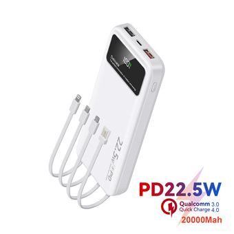 Batterie Externe 20000mAh Blanche - 4 Câbles Intégrés (USB C, Micro USB, IPhone) - 6 Sorties, Charge Rapide 20W - Power Bank Mince