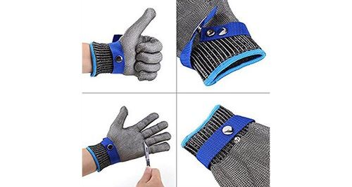 Gants en acier inoxydable résistants aux coupures de sécurité, résistants aux coupures, boucher en maille métallique bleu