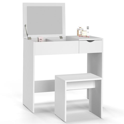 Coiffeuse ZELIA miroir rabattable avec 1 tiroir et 1 tabouret