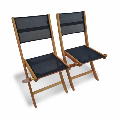 Sweeek Chaises de jardin en bois et textilène - Almeria noir - 2 chaises pliantes en bois d'Eucalyptus huilé et textilène
