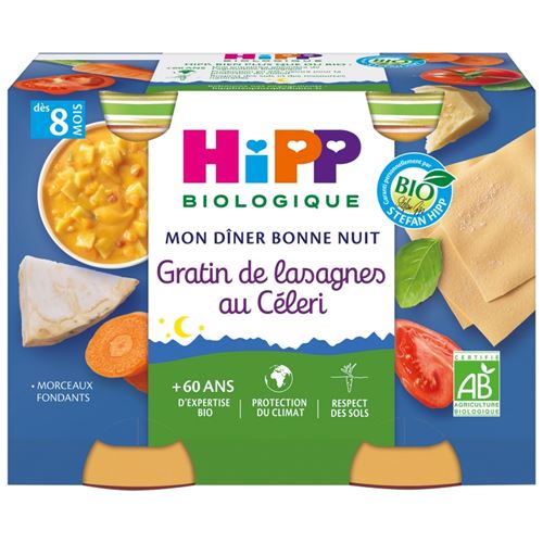 Mon Dîner Bonne Nuit Gratin de Lasagnes au Céleri (Dès 8 mois) - 2 pots de 190g - Hipp Biologique