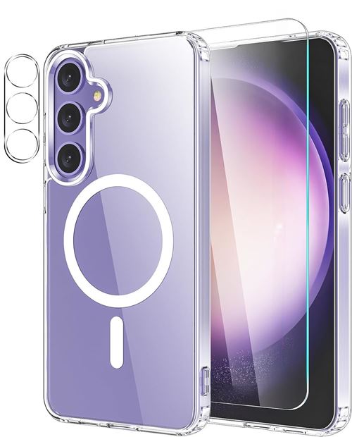 Coque Silicone Transparente Compatible Magsafe + Verre Trempes et Protection Camera Arriere Transparent Pour Samsung Galaxy S24 Plus Little Boutik©
