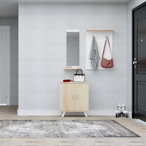 HOMEMANIA Meuble d’Entrée Turmalin - Meuble Porte-Manteau, Étagère à Chaussures - avec Miroir, Portes, Étagères, Crochets - Chêne, Blanc en Bois, 60 x 17 x 90 cm