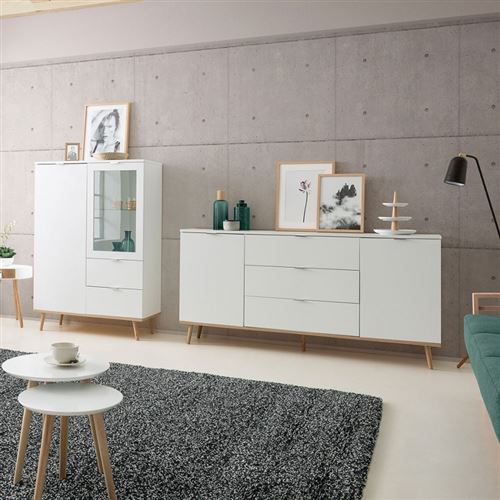 Goteborg Buffet Bas - Style Scandinave - Decor Chene Et Blanc - L 180 Cm