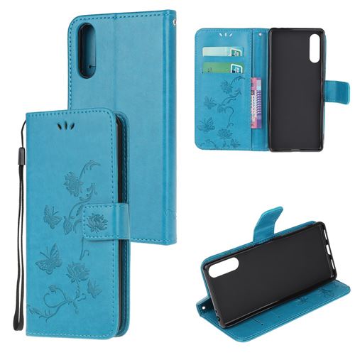 Etui en PU empreinte papillon fleur flip avec support bleu pour votre Sony Xperia L4