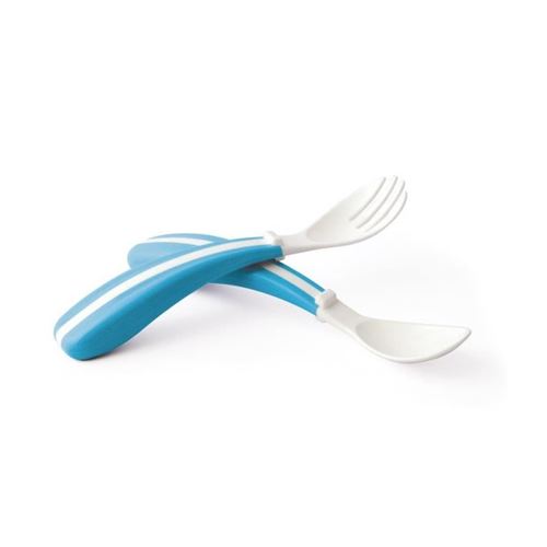 PLASTOREX Lot 2 couverts ergonomiques : cuillere et fourchette) - Bicolores opaques - Blanc / Lagon