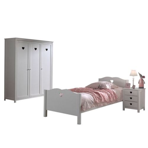 Lit 90x200 - Chevet 3 tiroirs et Armoire 3 portes Amori - Blanc