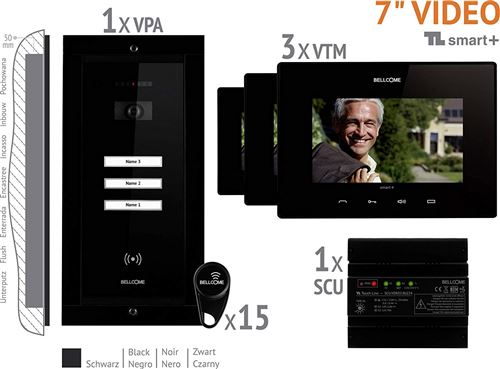 Bellcome Video-Türsprechanlage Kabelgebunden Komplett-Set VKM.P3FR.T7S4.BLB04 3 Familienhaus Schwar