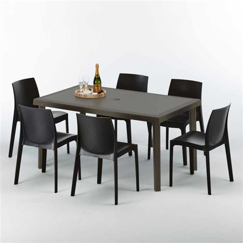 Table rectangulaire 6 chaises Poly rotin resine 150x90 marron Focus, Chaises Modèle: Rome Anthracite noir