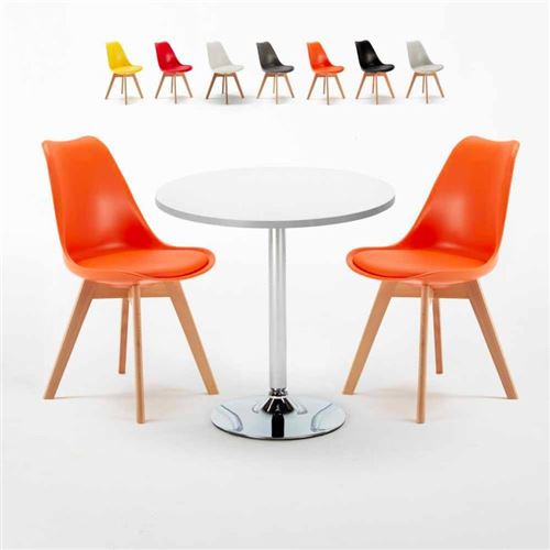 Table Ronde Blanche 70x70cm Avec 2 Chaises Colorées Set Intérieur Bar Café NORDICA LONG Island, Couleur: Orange