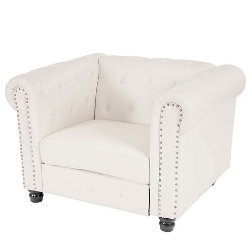 Fauteuil de luxe Chesterfield, fauteuil longue, similicuir pieds ronds, blanc