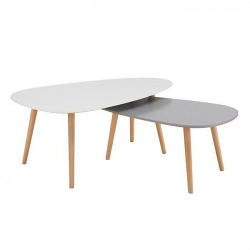 KIVI Lot de 2 tables basses gigognes scandinave blanc laque et gris mat - L 98 x l 61 et H39