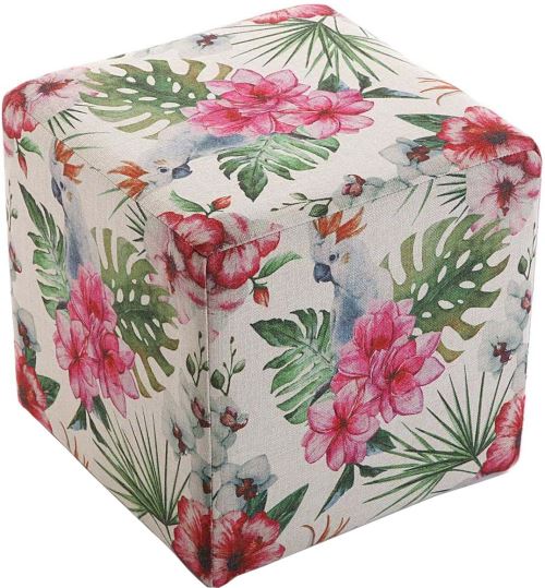 Versa - Pouf salon carré en tissu motifs végétaux Flores Rose - rouge - vert