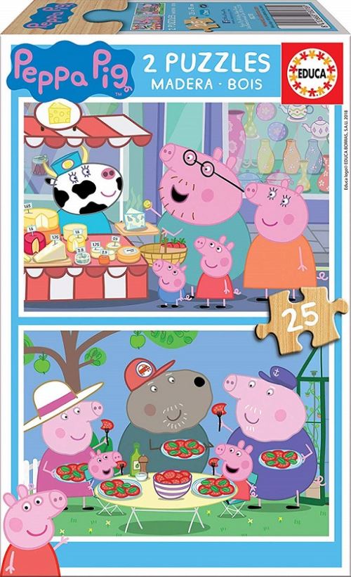 Coffret de 2 puzzles de 25 pieces en bois peppa le cochon au marche / peppa pig dejeune avec sa famille - puzzle educa enfant