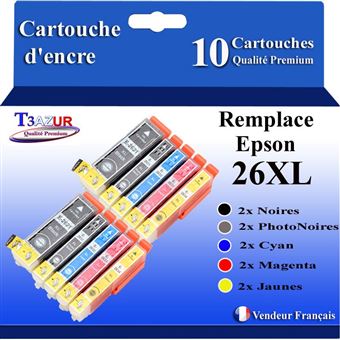 T3AZUR - 10 Cartouches Compatibles avec Epson XP-700, XP-710, XP-720 remplace Epson T26XL - 1