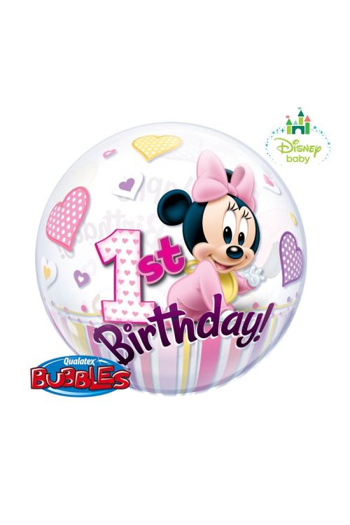 Ballon Bubble Minnie Mouse™ 1er Anniversaire 56 Cm 22 Qualatex© - Rose - Diamètre: 22 / 56 cm