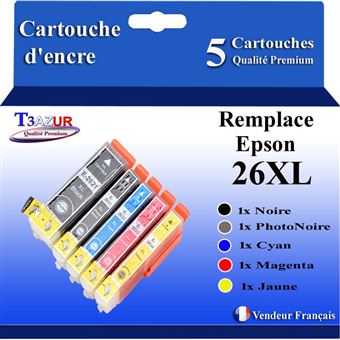 T3AZUR - 5 Cartouches Compatibles avec Epson XP-510, XP-520, XP-600, XP-605, XP-610, XP-615 remplace Epson T26XL +10 papiers photo A6 - T3AZUR - 1