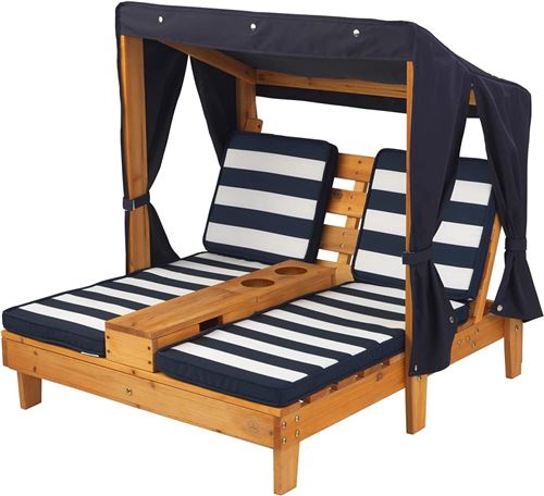 Double Chaise longue avec porte-gobelets - couleur Miel avec coussins bleu et blanc