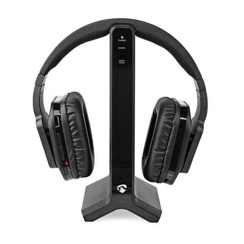 Nedis Wireless RF TV Over-Ear Headphones with Charging Base, 25m Range, Volume Control, Toslink/Coax/RCA/3.5mm Input
