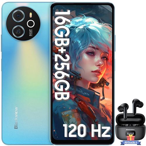 Blackview Shark 8 Téléphone Portable Débloqué 16Go+256Go 6.78 64MP 5000mAh NFC Bleu avec Écouteurs Bluetooth Airbuds 8(Noir)