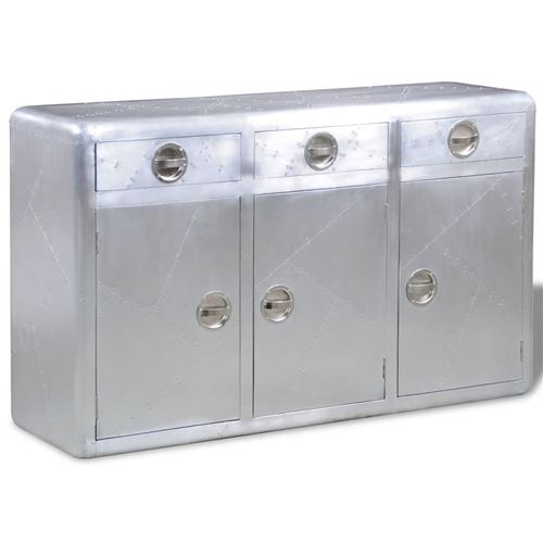Buffet bahut armoire console meuble de rangement avec 3 tiroirs style vintage aluminium gris