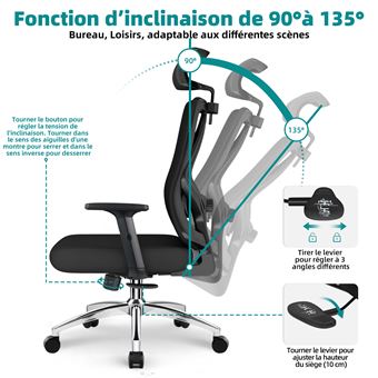 10 avis sur Daccormax Chaise de bureau ergonomique inclinable, en maille -  Hauteur Réglable - Charge 150 kg, noir - Fauteuil de bureau