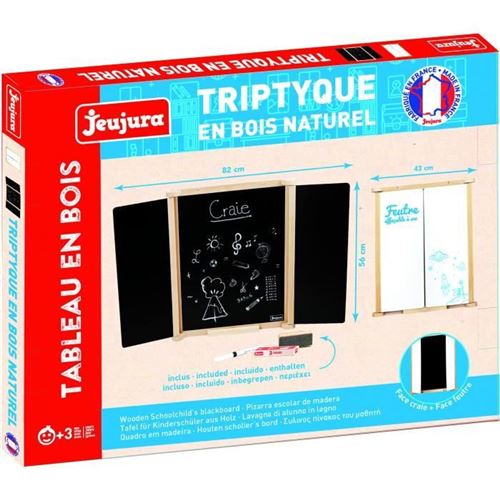 Tableau Triptyque Mural En Bois Naturel - Jeujura - Ardoise Centrale Et Volets Craie/Feutre, Accessoires Inclus, 82X56 Cm