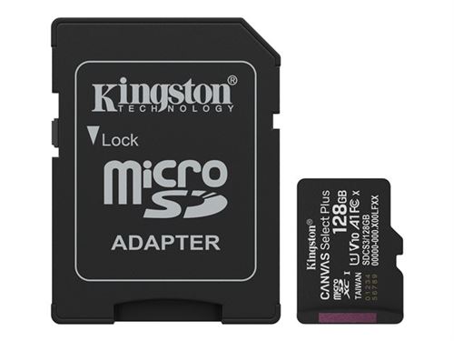 Kingston Canvas Select Plus - Carte mémoire flash (adaptateur microSDXC vers SD inclus(e)) - 128 Go - A1 / Video Class V10 / UHS-I U1 / Class10 - microSDXC UHS-I